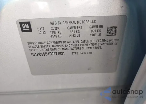 2013 Chevrolet Cruze 1Lt Auto z USA, uszkodzony, nr VIN 1G1PC5SB1D7171931